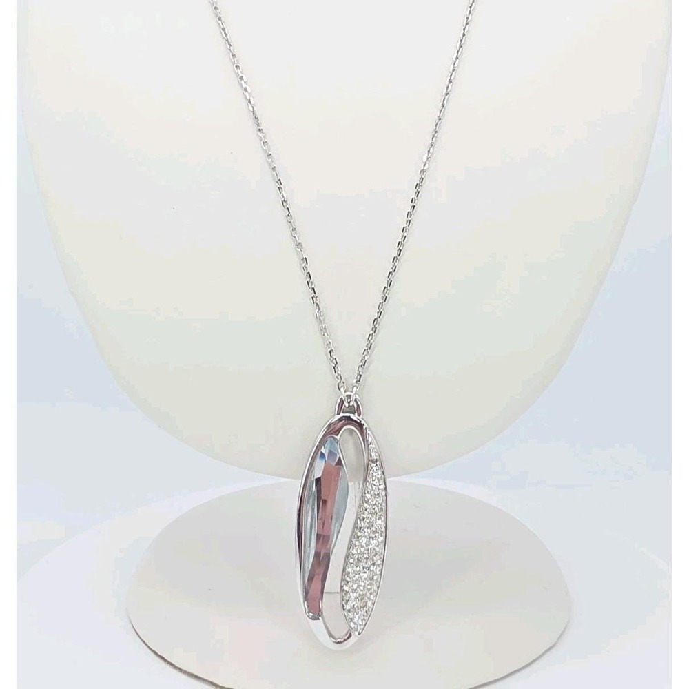 Vtg Signed SWAROVSKI‎ Yin & Yang Necklace Pave Crystal Pendant Silver Plate 21"